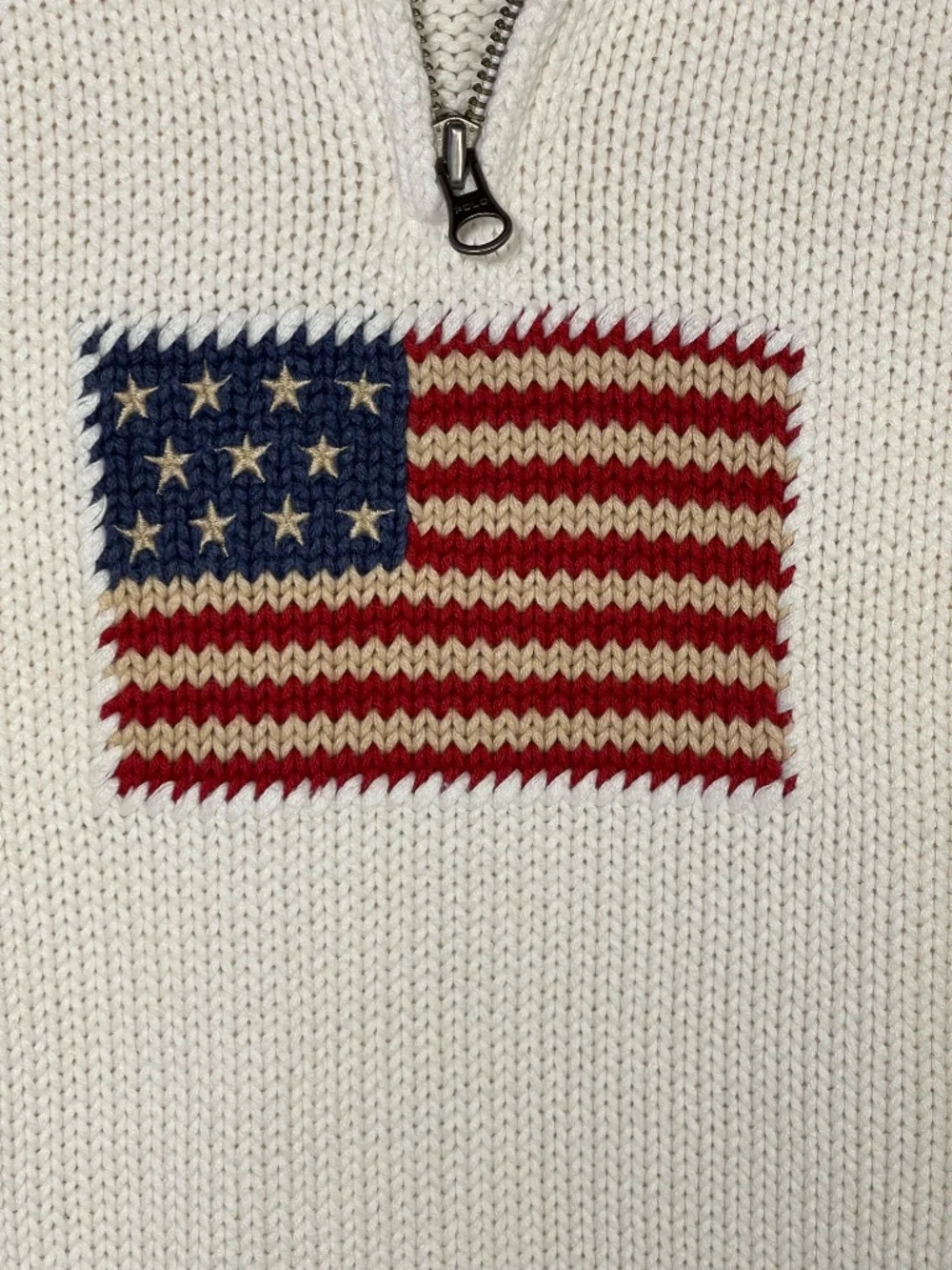 Ralph Lauren Cream Knit Half-Zip Sweater with American Flag